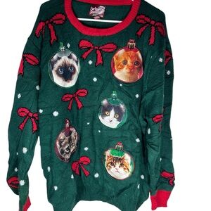 Green Cat Christmas Sweater with Red Bows Size 2XL